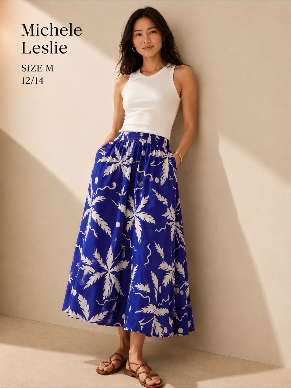 Michele Leslie Blue Tropical Palm Print Midi Skirt Size M 12/14 USA Made